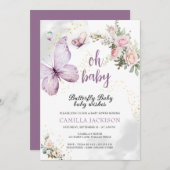 バタフライパープルフローラピンクベビーシャワーインビタット 招待状 (正面/裏面)