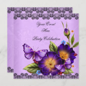 バタフライパープルブラックレースフラワーダマスクパーティー 招待状 (正面/裏面)