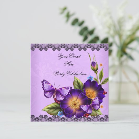 バタフライパープルブラックレースフラワーダマスクパーティー 招待状 (スタンド正面)