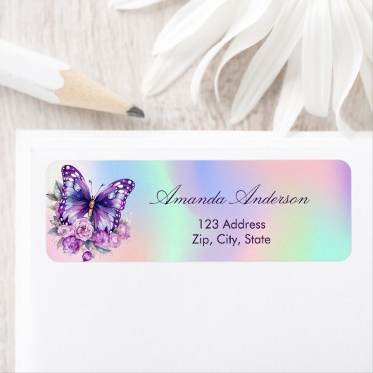 バタフライパープルホログラフィック差出人住所 ラベル (インサイチュ)
