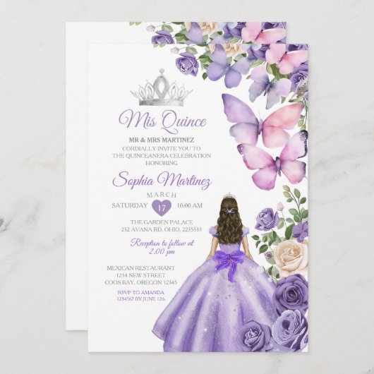 バタフライパープル薄紫キンセアニェラ誕生日クラウン 招待状 (正面/裏面)