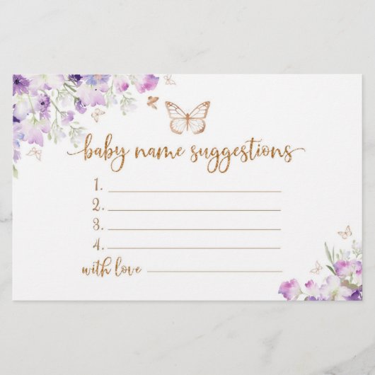 バタフライパープル金ゴールドベビー名候補カード 便箋 (正面)