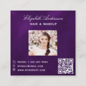 バタフライパープル金ゴールドQRコードスクリプト写真 スクエア名刺 (裏面)