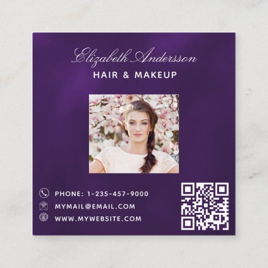 バタフライパープル金ゴールドQRコードスクリプト写真 スクエア名刺 (裏面)