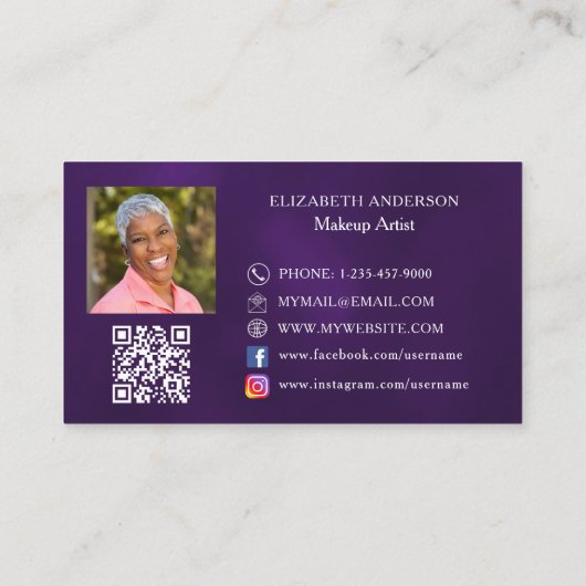 バタフライパープル金ゴールドQRコード写真 名刺 (裏面)