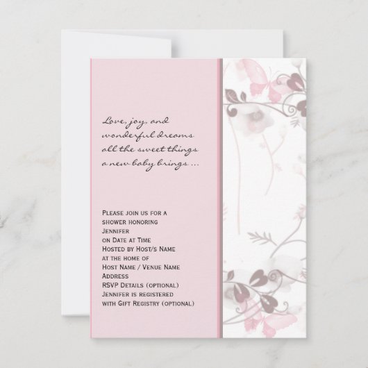 バタフライビジョンインピンクベビーシャワー招待状 招待状 (正面)