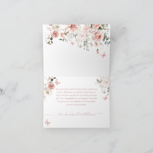バタフライピンクのフローラ赤ちゃんシャワー サンキューカード (内部)