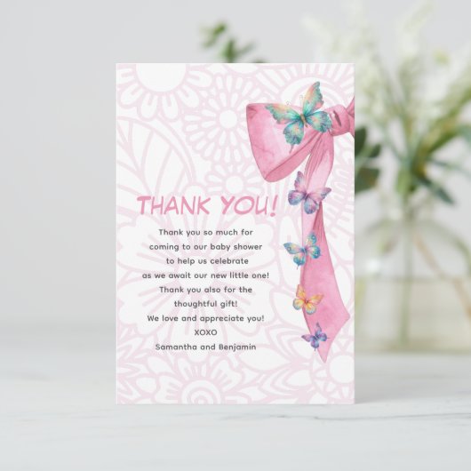 バタフライピンクの赤ちゃんシャワー サンキューカード (スタンド正面)