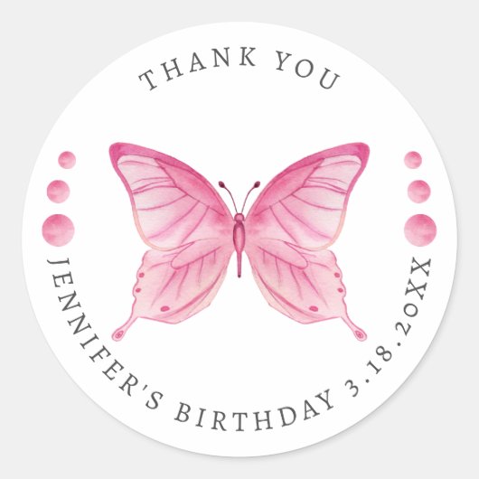 バタフライピンクウォーターカラー誕生日ありがとう ラウンドシール (正面)