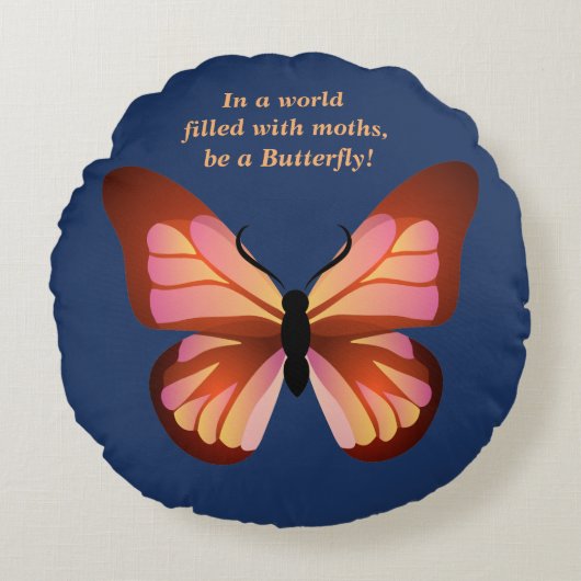 バタフライピンクオレンジ色のブラックグラフィックである ラウンドクッション (正面)