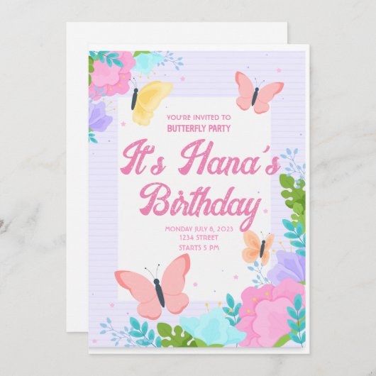 バタフライピンクガールズバースデーパーティー 招待状 (正面/裏面)