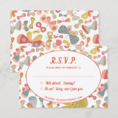 バタフライピンクグリーンウェディングRSVP エンクロージャーカード (正面/裏面)