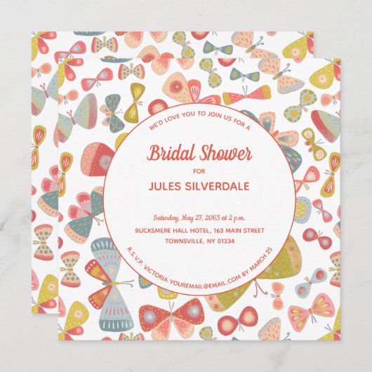 バタフライピンクグリーンブライダルシャワー 招待状 (正面/裏面)