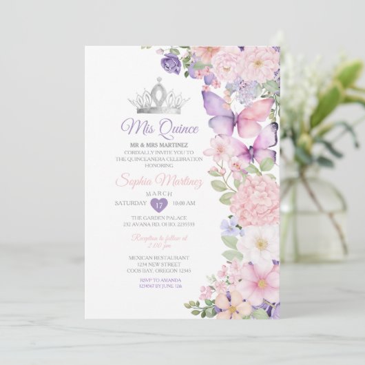 バタフライピンクパープルキンセアニェラ誕生日 招待状 (スタンド正面)