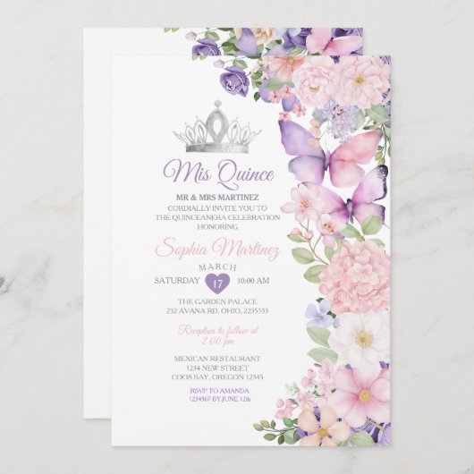 バタフライピンクパープルキンセアニェラ誕生日 招待状 (正面/裏面)