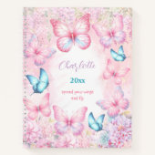 バタフライピンクパープルスケッチブックのフローラガーリー名 ノートブック (正面)