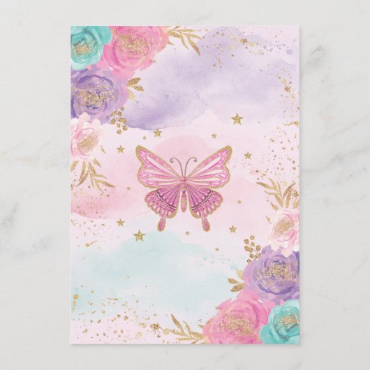 バタフライピンクパープルティール（緑がかった色）フローラブックスベビー エンクロージャーカード (裏面)