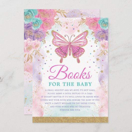 バタフライピンクパープルティール（緑がかった色）フローラブックスベビー エンクロージャーカード (正面/裏面)