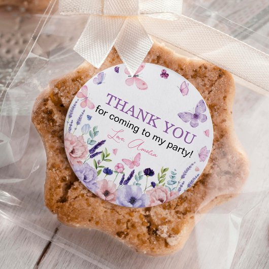 バタフライピンクパープルフローラガーデンガール誕生日 ラウンドシール