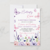 バタフライピンクパープルフローラガーデンガール誕生日 招待状 (正面)