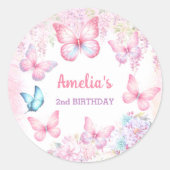 バタフライピンクパープルフローラサマーガール誕生日 ラウンドシール (正面)