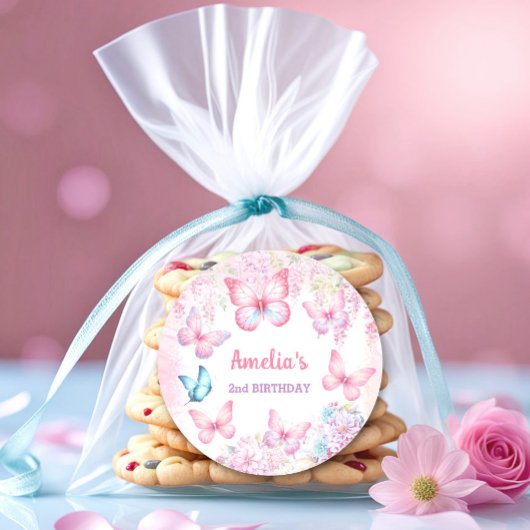 バタフライピンクパープルフローラサマーガール誕生日 ラウンドシール