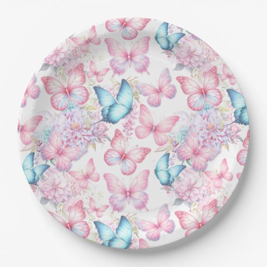 バタフライピンクパープルブルーサマーパーティー ペーパープレート (正面)