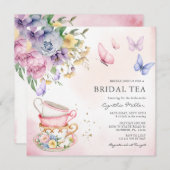 バタフライピンクフローラブライダルティーブライダルシャワー 招待状 (正面/裏面)