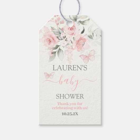 バタフライピンクフローラベビーシャワーギフトラベル ギフトタグ (正面)