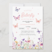 バタフライピンクブルーワイルドフラワーズフローラベビーシャワー 招待状 (正面)