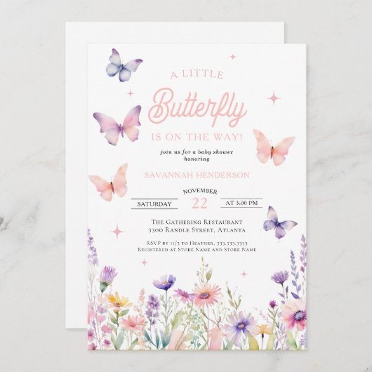 バタフライピンクブルーワイルドフラワーズフローラベビーシャワー 招待状 (正面/裏面)