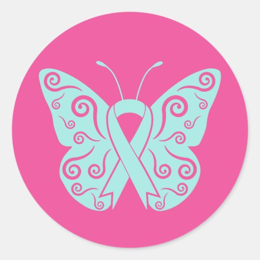 バタフライピンクリボン乳がん認識度日 ラウンドシール (正面)