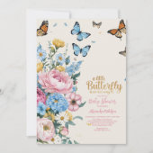 バタフライピンクローズガーデンガールベビーシャワー 招待状 (正面)