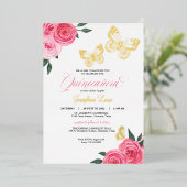 バタフライピンクローズキンセアニェラ実在 箔招待状 (立ち正面)