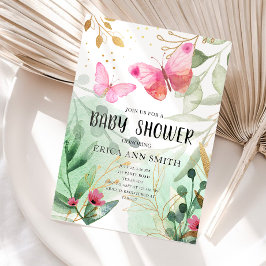 バタフライピンク金ゴールド緑茶パーティー赤ちゃんシャワー 招待状