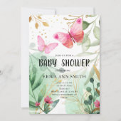バタフライピンク金ゴールド緑茶パーティー赤ちゃんシャワー 招待状 (正面)