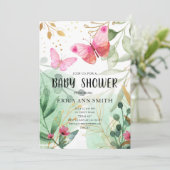 バタフライピンク金ゴールド緑茶パーティー赤ちゃんシャワー 招待状 (スタンド正面)