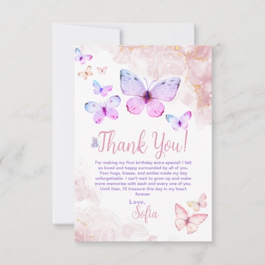 バタフライファースト誕生日ガールファーストサンキューカード サンキューカード (正面)