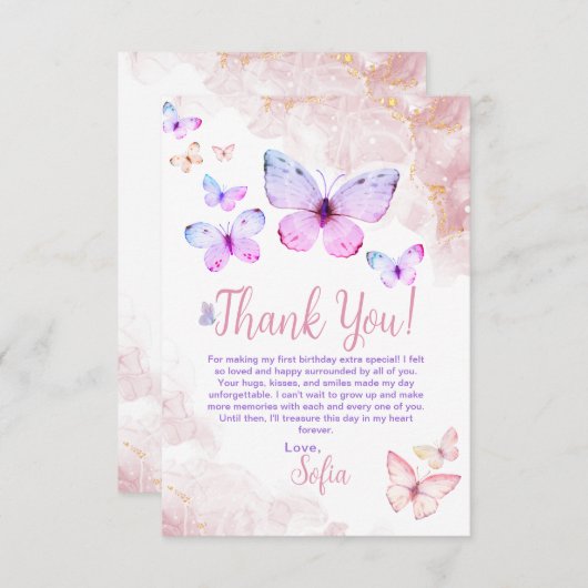 バタフライファースト誕生日ガールファーストサンキューカード サンキューカード (正面/裏面)