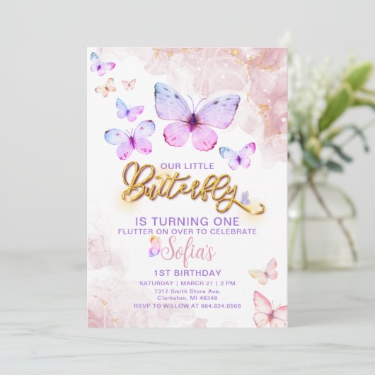 バタフライファースト誕生日ガールファースト招待状 招待状 (スタンド正面)