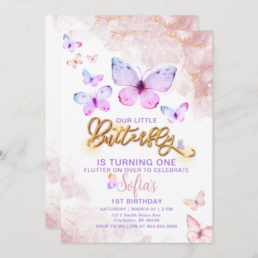 バタフライファースト誕生日ガールファースト招待状 招待状 (正面/裏面)