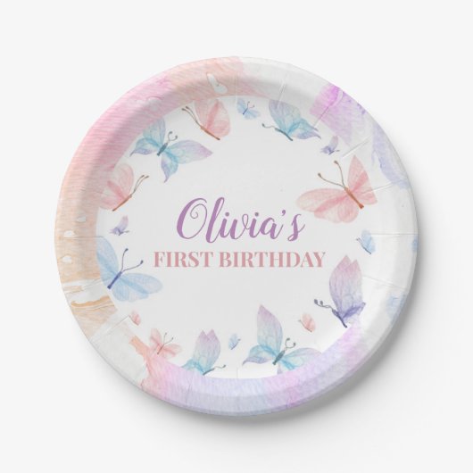 バタフライファースト誕生日ガール紙プレート ペーパープレート (正面)