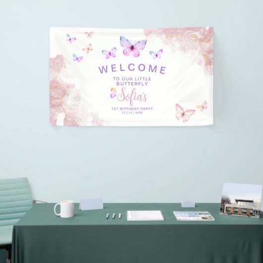 バタフライファースト誕生日ガール1stピンクバナー 横断幕 (トレードショー)