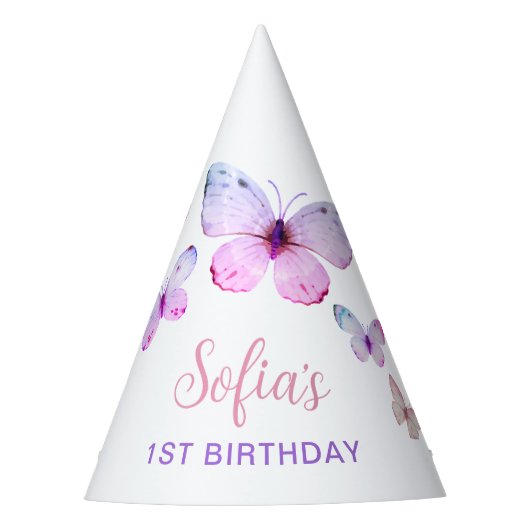 バタフライファースト誕生日ガール1stピンクパーティー帽子 パーティーハット (正面)