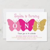 バタフライファースト誕生日招待状 | ピンクと金ゴールド 招待状 (正面)