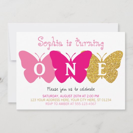 バタフライファースト誕生日招待状 | ピンクと金ゴールド 招待状 (正面)