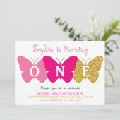 バタフライファースト誕生日招待状 | ピンクと金ゴールド 招待状 (スタンド正面)