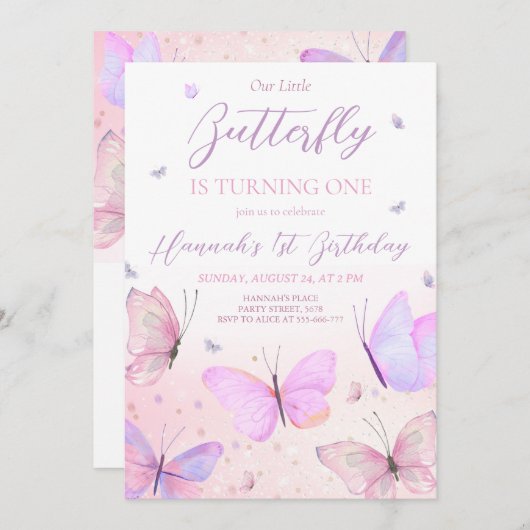バタフライファースト誕生日招待状 招待状 (正面/裏面)