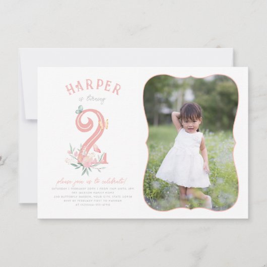 バタフライフェアユタレフローラガールフォト誕生日 招待状 (正面)