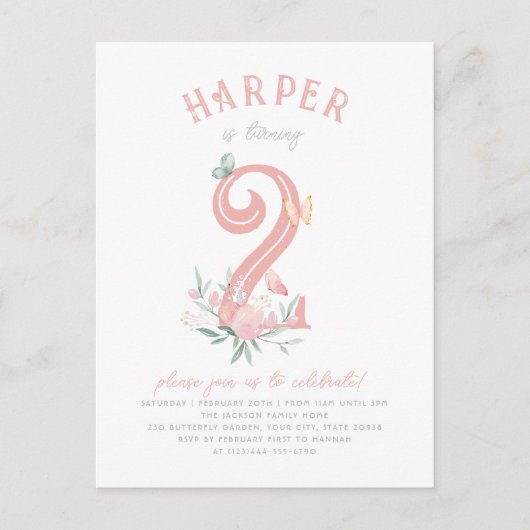 バタフライフェアユータリーガールバースデーパーティーはがき インビテーションポストカード (正面)